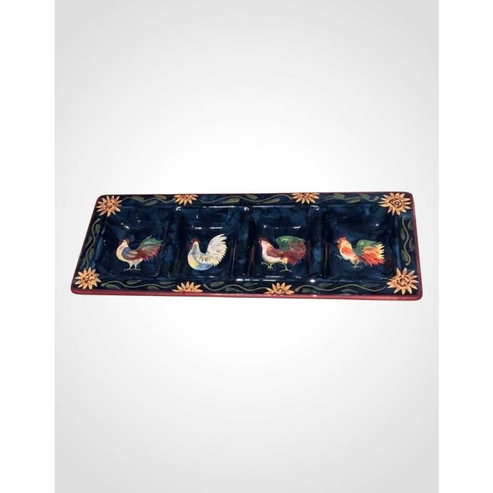 Susan Winget Sunrise Roosters & Sunflowers Blue & Yellow Relish Ceramic Tray